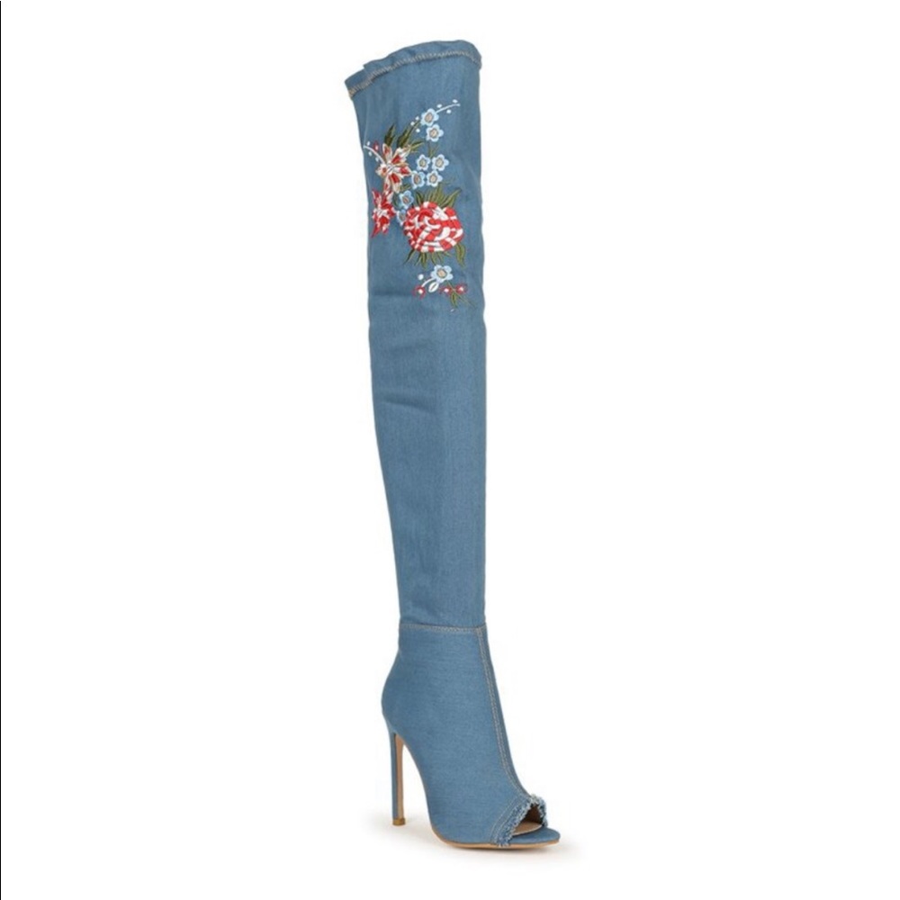 Thigh High Denim Peep Toe Boots